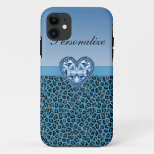 Schwarzer u. blauer Leopard-Druck u. Bling Herz iPhone 11 Hülle