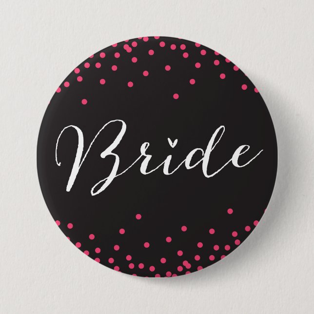 Schwarzer u. rosa Confetti-Punkt-Braut-Knopf Button (Vorderseite)