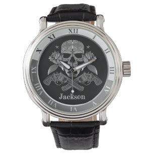 Schwarzer u. weißer Schädel und Gewehre Armbanduhr