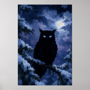 	 Schwarzer Uhu in schneereicher Nacht Poster