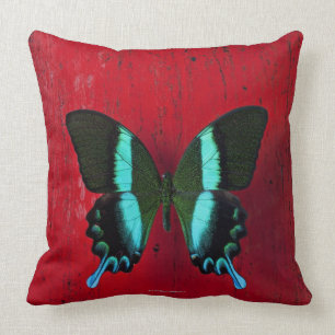 Schwarzer und blauer Schmetterling auf roter Wand Kissen