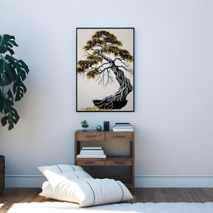 Schwarzer und goldener Bonsai-Baum Leinwanddruck