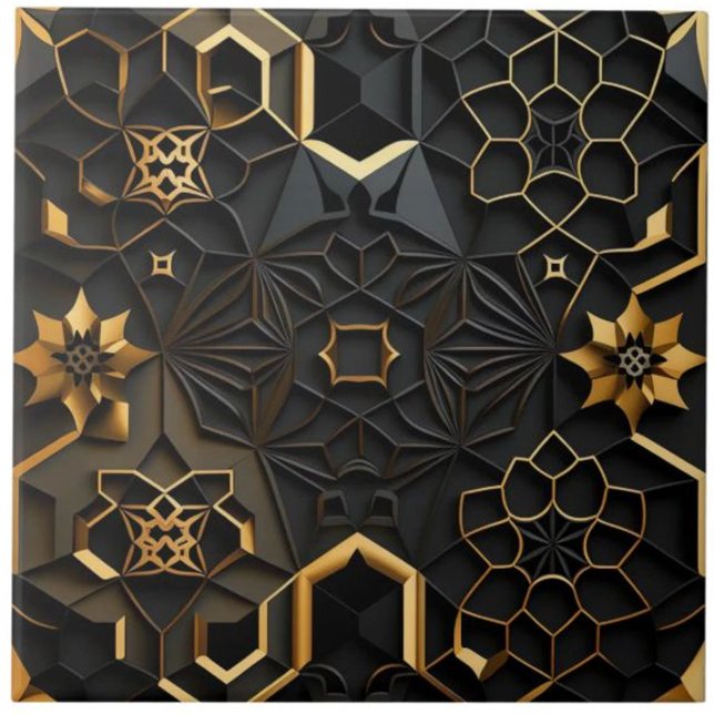 Schwarzer und goldener geometrischer floraler Mosa Fliese (The complete printed tile design. Tiles sold individually.)