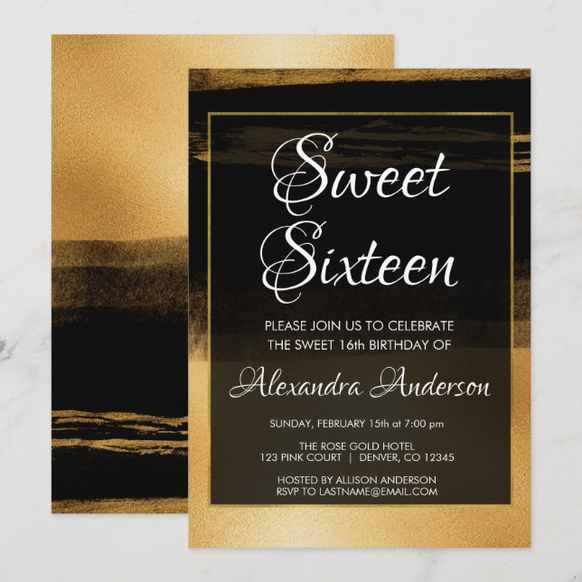 Schwarzer und goldener Pinselstrich Stroke Sweet 1 Einladung (Vorne/Hinten)