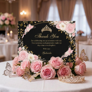 Schwarzer und goldener Rosé-Quinceañera-Schmetterl Dankeskarte