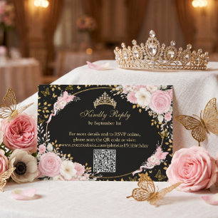 Schwarzer und goldener Rosé-Quinceañera-Schmetterl RSVP Karte