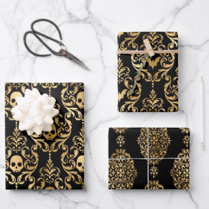 Schwarzer und goldener Totenkopf, Fledermäuse und  Geschenkpapier Set