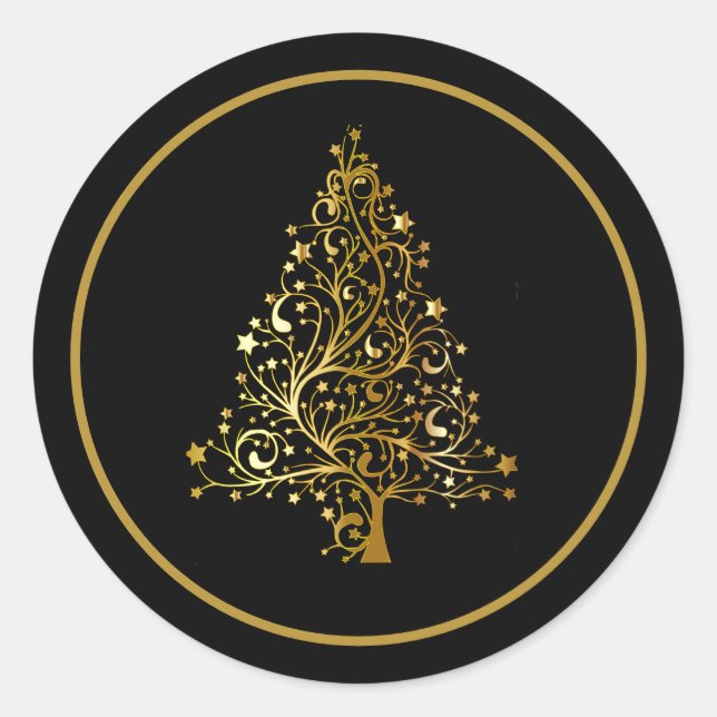 Schwarzer und goldener Weihnachtsbaum Umschlag Auf Runder Aufkleber (Vorderseite)