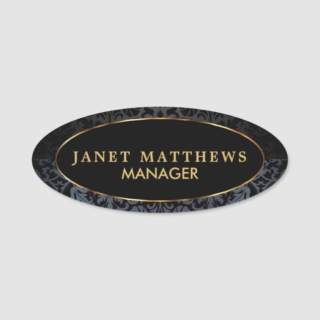 Schwarzer und grauer Damast mit Gold Trim Design Namensschild (Vorderseite)