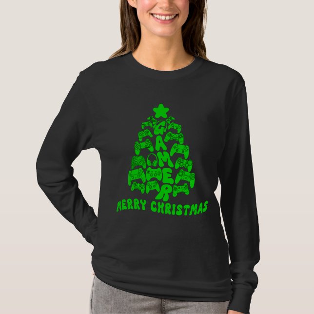 Schwarzer und grüner Weihnachtsbaum mit Controller T-Shirt (Vorderseite)
