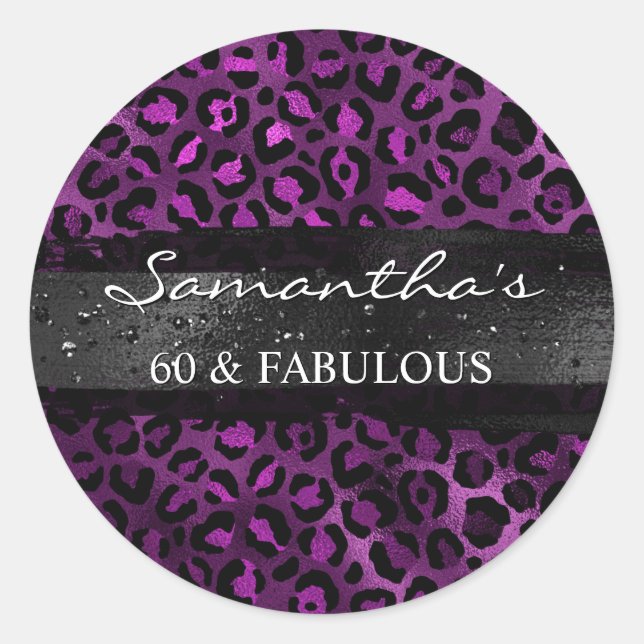 Schwarzer und Lila Foil Leopard 60 & Fabulous Runder Aufkleber (Vorderseite)