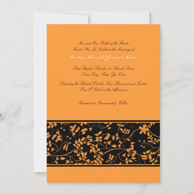 Schwarzer und orangefarbener Blumenzauber Einladung (Vorderseite)