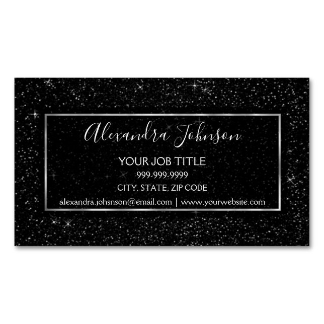 Schwarzer und Silberner Glitzer Sparkle Glitzer St Magnetische Visitenkarte (Vorderseite)