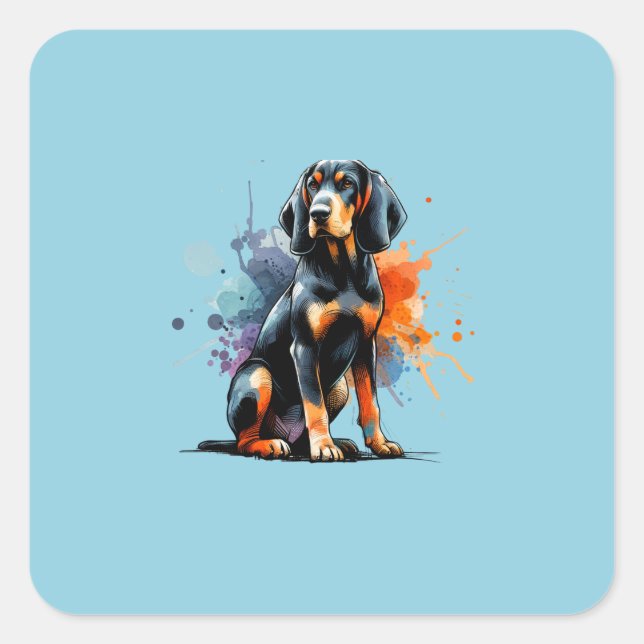 Schwarzer und Tan Coonhound Hund Quadratischer Aufkleber (Vorderseite)