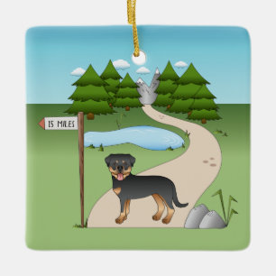Schwarzer und Tan Rottweiler Hund auf einem Wander Keramikornament