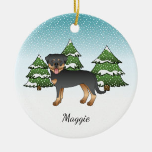 Schwarzer und Tan Rottweiler Hund in einem Winterw Keramik Ornament