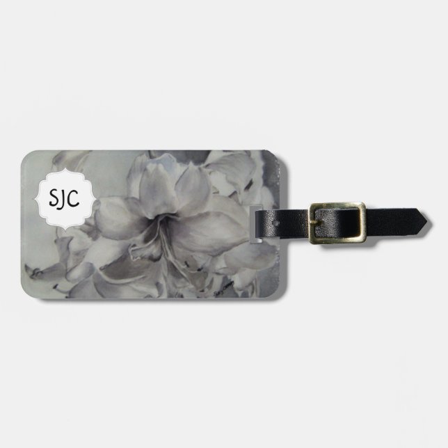 SCHWARZER UND WEISSER AMARYLLIS LUGGAGE TAG GEPÄCKANHÄNGER (Vorderseite horizontal)