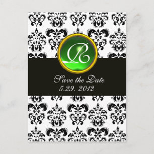 SCHWARZER UND WEISSER DAMASK GRÜNES EMERALD-MONOGR ANKÜNDIGUNGSPOSTKARTE