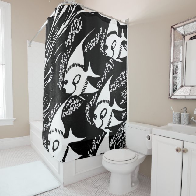 Schwarzer und weißer Fisch Duschvorhang (Beispiel)