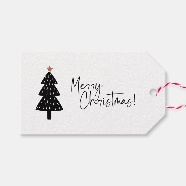 Schwarzer und weißer froher Weihnachtsbaum Geschenkanhänger (Vorderseite (Horizontal))