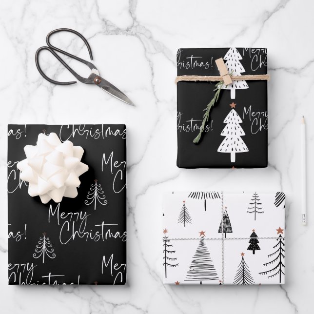 Schwarzer und weißer froher Weihnachtsbaum Geschenkpapier Set (Vorderseite)