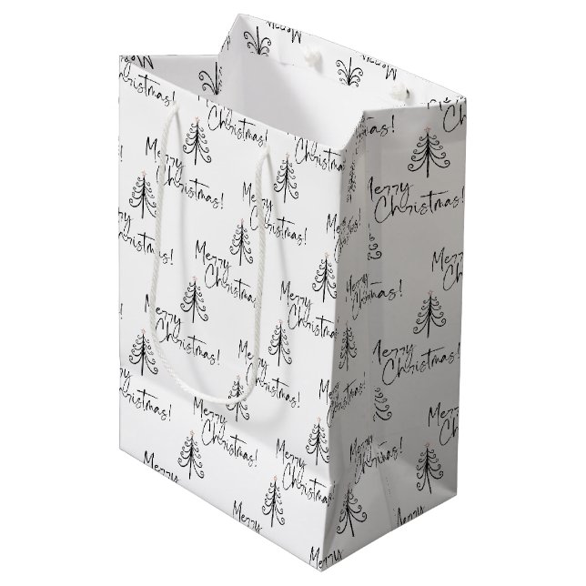 Schwarzer und weißer froher Weihnachtsbaum Mittlere Geschenktüte (Vorderseite Schrägansicht)