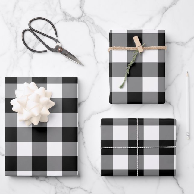Schwarzer und weißer Gingham-Karo Kariert Geschenkpapier Set (Vorderseite)