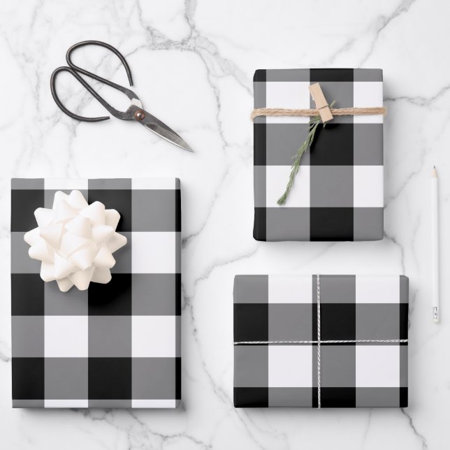 Schwarzer und weißer Gingham-Karo Kariert Geschenkpapier Set (Vorderseite)
