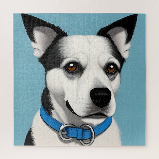 Schwarzer und weißer Hund mit blauem Collar (Vertikal)