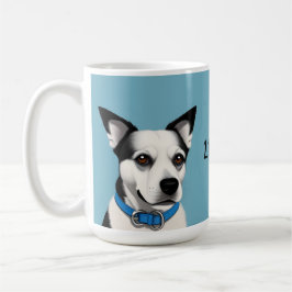 Schwarzer und weißer Hund mit blauem Collar Kaffeetasse