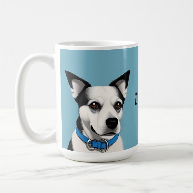 Schwarzer und weißer Hund mit blauem Collar Kaffeetasse (Links)