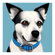 Schwarzer und weißer Hund mit blauem Collar