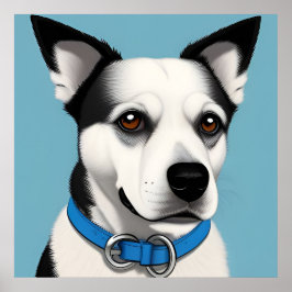 Schwarzer und weißer Hund mit blauem Collar Poster