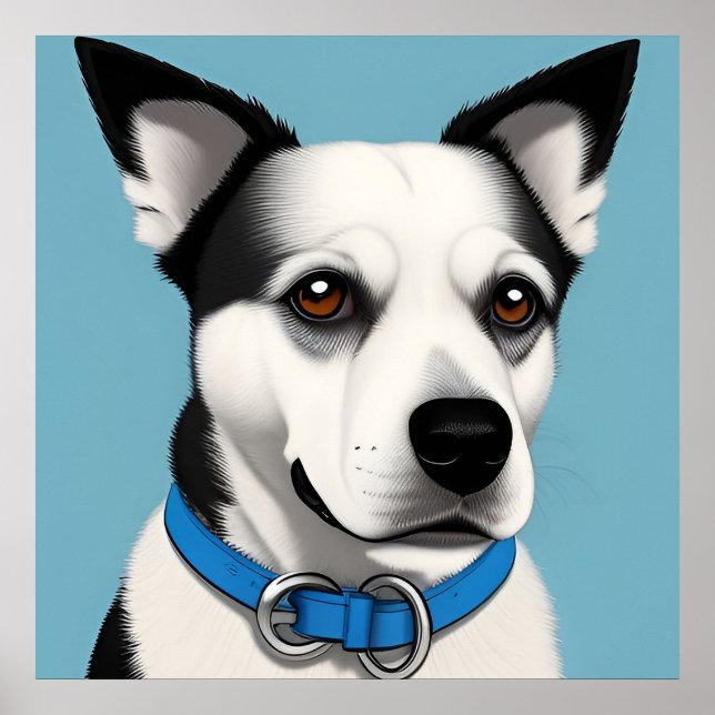 Schwarzer und weißer Hund mit blauem Collar Poster (Vorne)