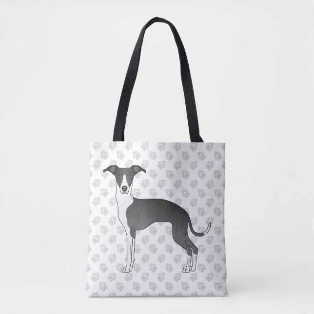 Schwarzer und weißer italienischer Grauhund mit Pa Tasche (Vorderseite)