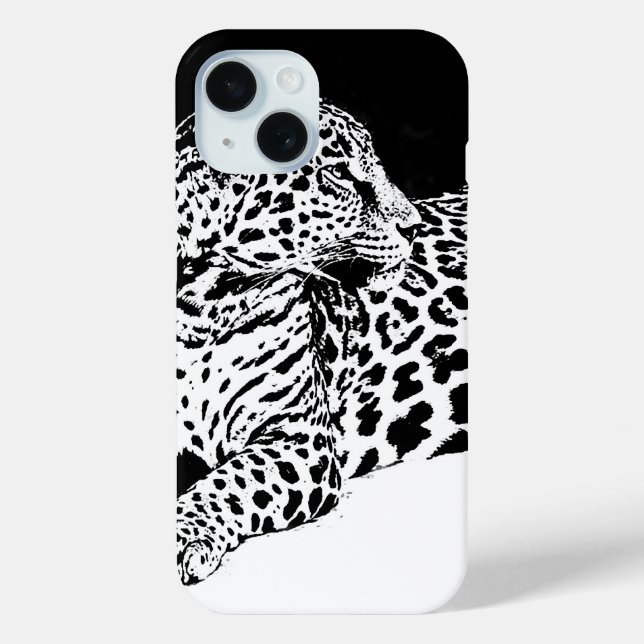 Schwarzer und weißer Leopard iPhone 15 Hülle (Rückseite)