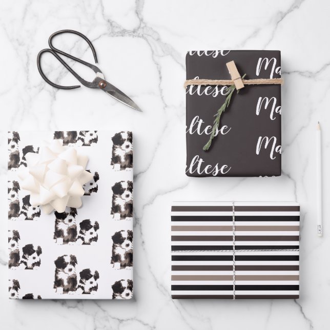 Schwarzer und weißer maltesischer Welpenhund Geschenkpapier Set (Vorderseite)