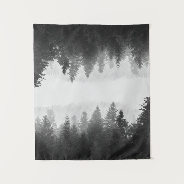 Schwarzer und weißer Nebelwald Wandteppich (Vorderseite)
