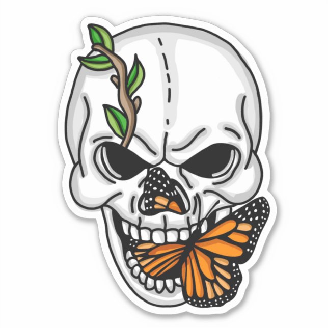 Schwarzer und weißer Schädel mit Monarch Butterfly Aufkleber (Vorderseite)