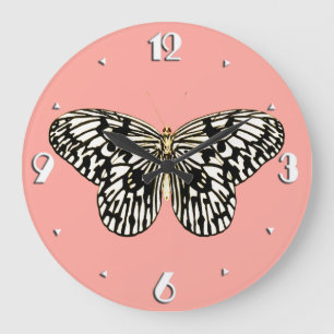 Schwarzer und weißer Schmetterling, korallenrosa H Große Wanduhr
