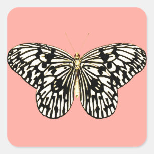 Schwarzer und weißer Schmetterling, korallenrosa H Quadratischer Aufkleber