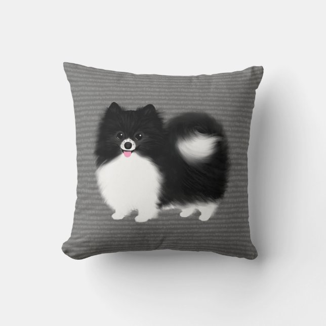 Schwarzer und weißer Spitz Happy Fluffy Hund Kissen (Vorderseite)