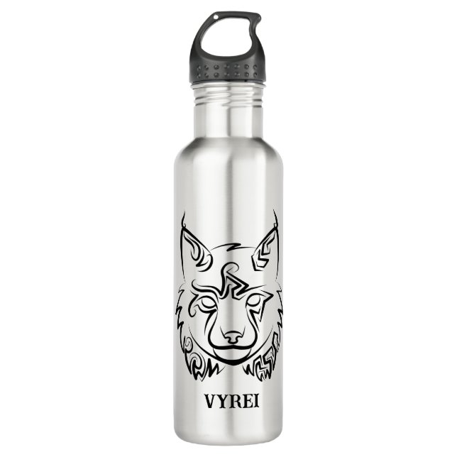 Schwarzer und weißer StammesLynx Edelstahlflasche (Vorderseite)