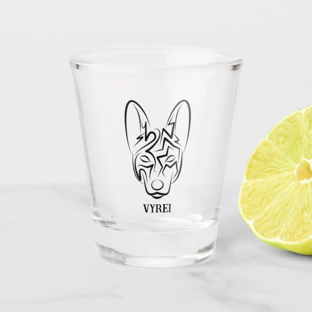 Schwarzer und weißer Stammhund Schnapsglas (Vorderseite)