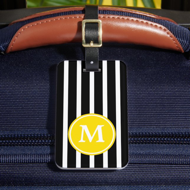 Schwarzer und weißer Streifen mit gelbem Monogramm Gepäckanhänger (Vorderseite Insitu 2)