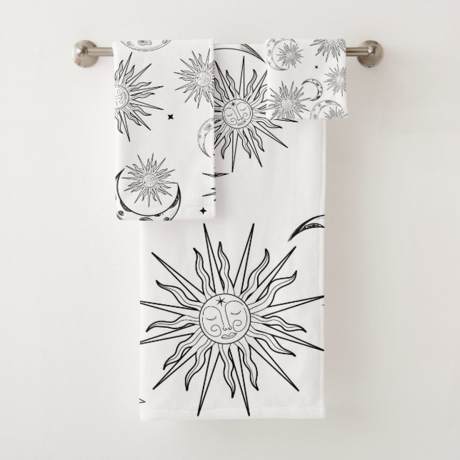 Schwarzer und weißer Whimsischer Sonnenmond und -s Badhandtuch Set (Insitu)