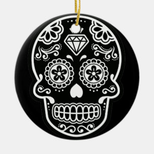 Schwarzer und weißer Zuckerschädel Runde Diamant Keramik Ornament