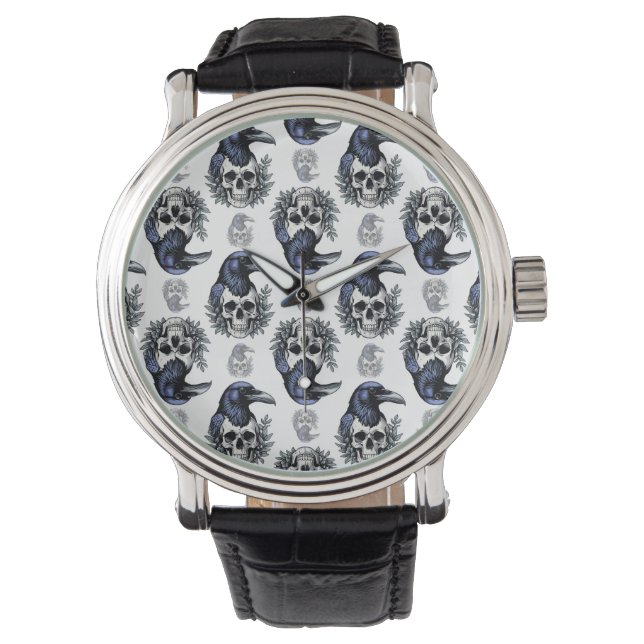 Schwarzer Vogel auf einem Skull-Goth-Muster Armbanduhr (Vorderseite)