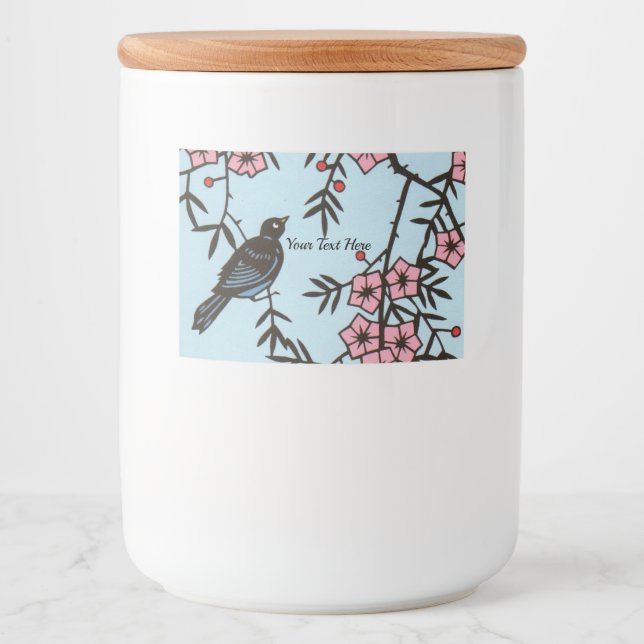 Schwarzer Vogel in Kirschbaum Rosa Blossom Blume Lebensmitteletikett (Vorderseite)