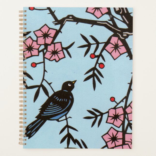 Schwarzer Vogel in Kirschbaum Rosa Blüten Rote Ber Planer (Vorderseite)